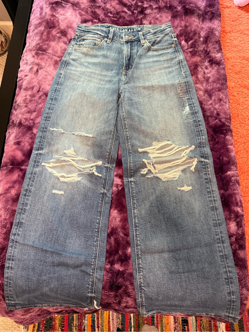 American Eagle Outfitters Women's Distressed Wide-Leg Jeans - Medium Blue